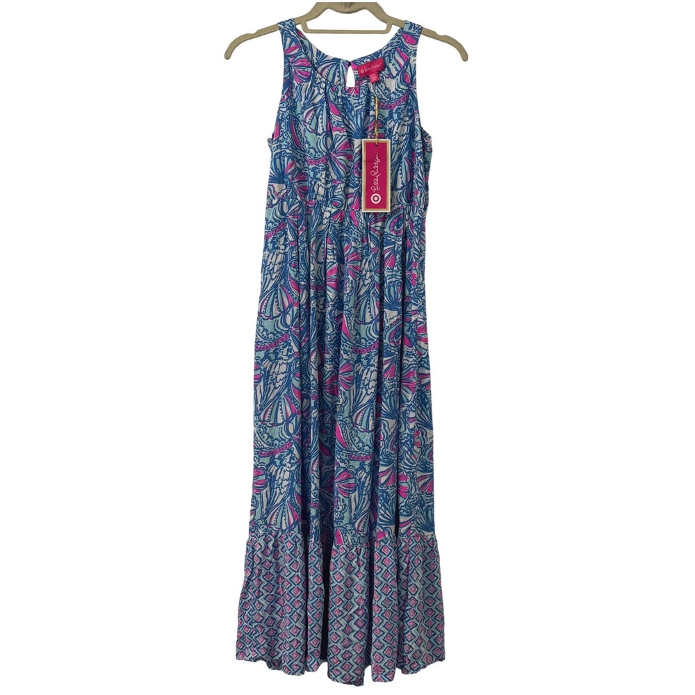 Lilly‎ Pulitzer Target Maxi Dress Girls L 10/12 Blue Pink Shell Print NWT